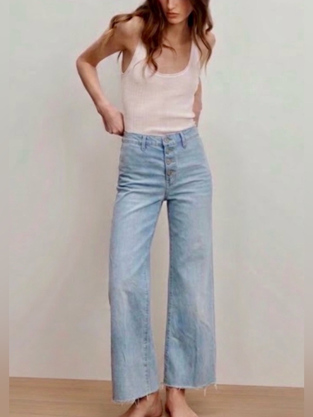 Veronica Beard High-Rise Wide-Leg Light Blue Jeans Denim w Raw Hem